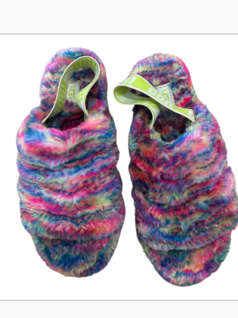 UGG fluff yeah pixelate slippers, Rainbow, Size 9-9.5, Preowned Great